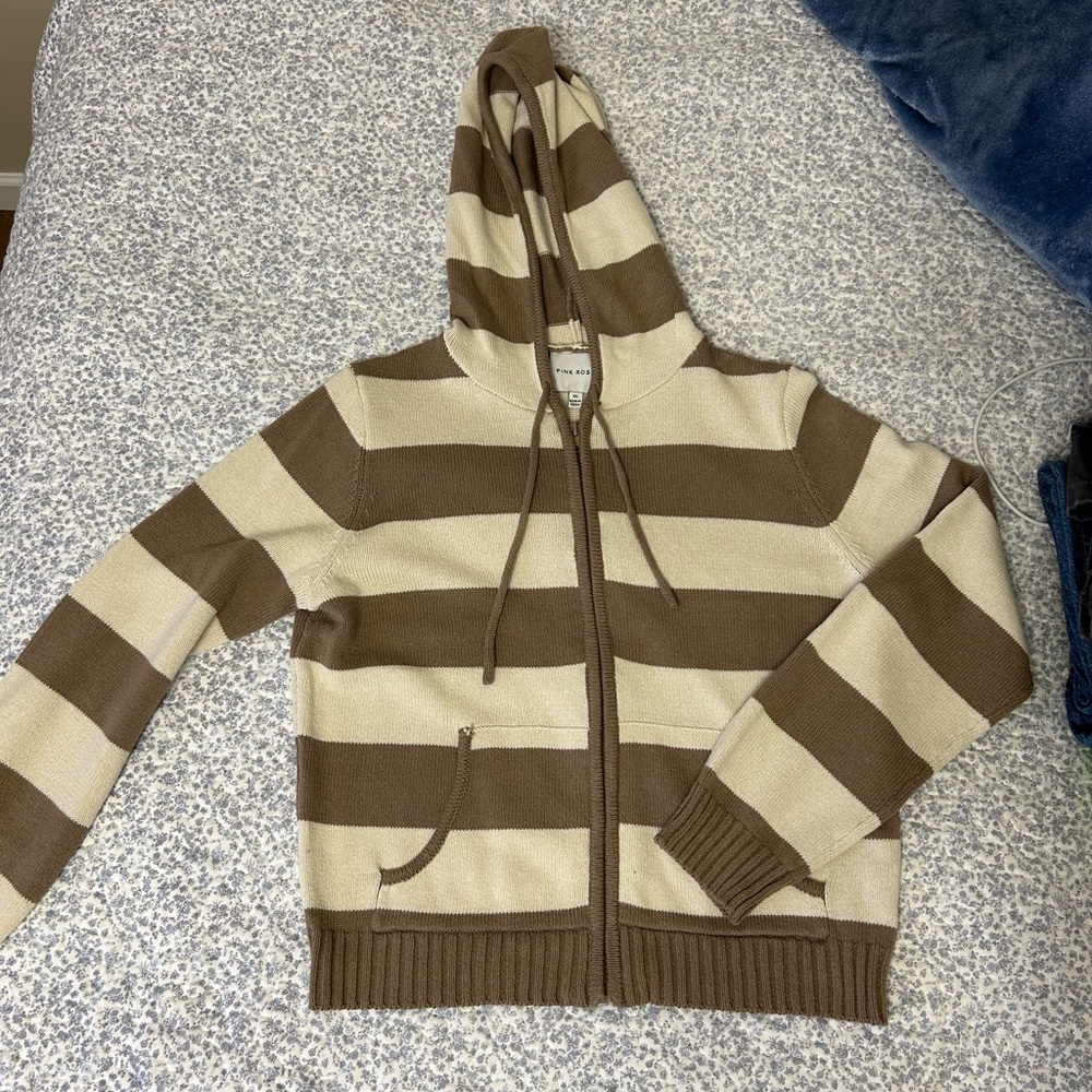 Brown and White Striped Zip Up